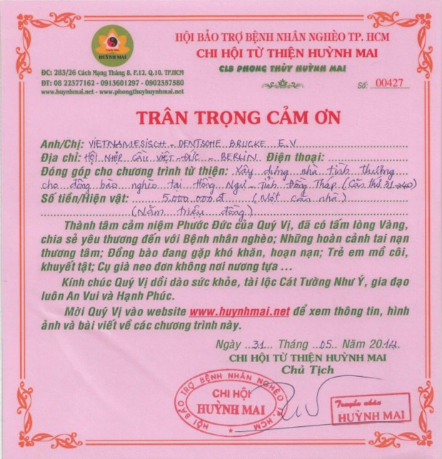 Spendenbescheinigung Huynh Mai 2014